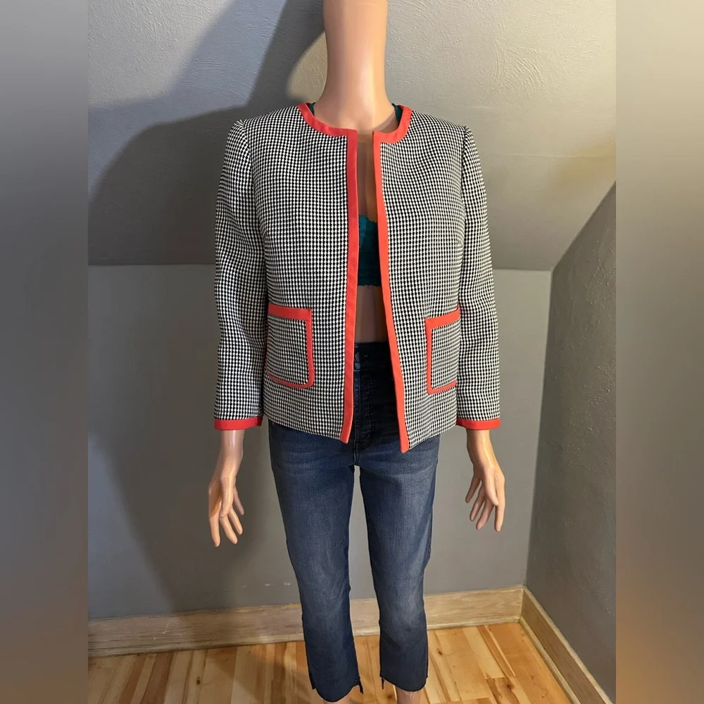Nine West Houndstooth Jacket Coral Trim Open Front Blazer Size 8 GUC